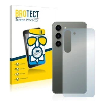 Vorderseite einer Produktverpackung mit dem Markenlogo BROTECT. Daneben ist das Gerät Samsung Galaxy S23 Plus (Rückseite) mit 
