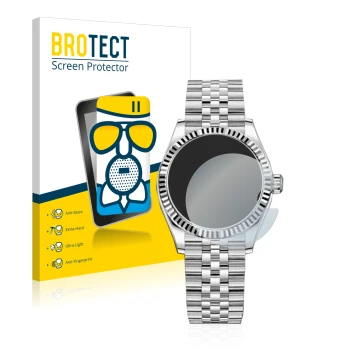 Vorderseite einer Produktverpackung mit dem Markenlogo BROTECT. Daneben ist das Gerät Rolex Datejust 31 mit dem zugehörigen Di