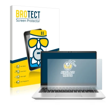 Vorderseite einer Produktverpackung mit dem Markenlogo BROTECT. Daneben ist das Gerät HP ProBook 445 G8 mit dem zugehörigen Di