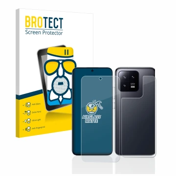 Vorderseite einer Produktverpackung mit dem Markenlogo BROTECT. Daneben ist das Gerät Xiaomi 13 (Display+Rückseite) mit dem zu