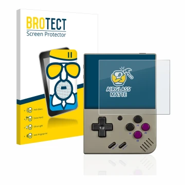 Vorderseite einer Produktverpackung mit dem Markenlogo BROTECT. Daneben ist das Gerät Miyoo Mini Plus mit dem zugehörigen Disp