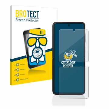 Vorderseite einer Produktverpackung mit dem Markenlogo BROTECT. Daneben ist das Gerät Oppo Find N2 Flip mit dem zugehörigen Di