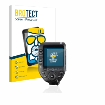 Vorderseite einer Produktverpackung mit dem Markenlogo BROTECT. Daneben ist das Gerät Godox XPro II mit dem zugehörigen Displa