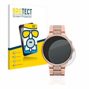 Vorderseite einer Produktverpackung mit dem Markenlogo BROTECT. Daneben ist das Gerät Michael Kors Camille Gen 6 MKT5147 mit d