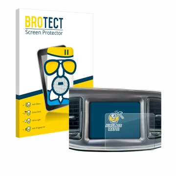 Vorderseite einer Produktverpackung mit dem Markenlogo BROTECT. Daneben ist das Gerät Dodge Challenger Uconnect 8.4