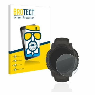 Vorderseite einer Produktverpackung mit dem Markenlogo BROTECT. Daneben ist das Gerät Garmin Instinct 2 Solar mit dem zugehöri