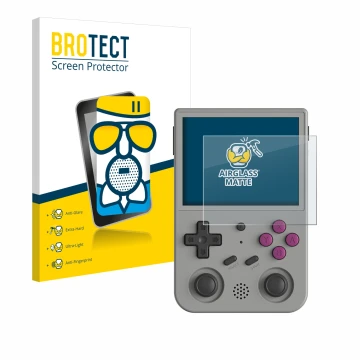 Vorderseite einer Produktverpackung mit dem Markenlogo BROTECT. Daneben ist das Gerät Anbernic RG353V mit dem zugehörigen Disp