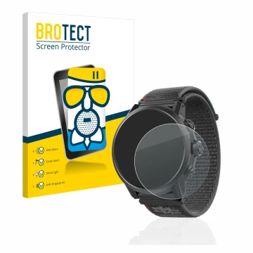 Vorderseite einer Produktverpackung mit dem Markenlogo BROTECT. Daneben ist das Gerät Coros Apex 2 mit dem zugehörigen Display