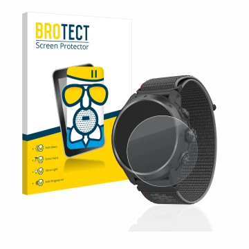 Vorderseite einer Produktverpackung mit dem Markenlogo BROTECT. Daneben ist das Gerät Coros Apex 2 Pro mit dem zugehörigen Dis