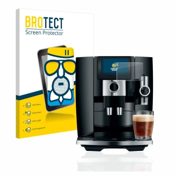 Vorderseite einer Produktverpackung mit dem Markenlogo BROTECT. Daneben ist das Gerät Jura J8 mit dem zugehörigen Displayschut