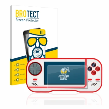 Vorderseite einer Produktverpackung mit dem Markenlogo BROTECT. Daneben ist das Gerät Blaze Evercade mit dem zugehörigen Displ