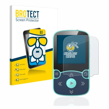 Vorderseite einer Produktverpackung mit dem Markenlogo BROTECT. Daneben ist das Gerät AGPtek A65X MP3 Player with clip mit dem