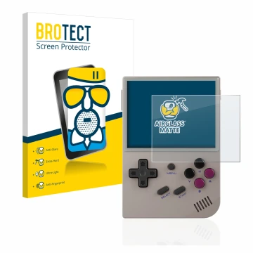 Vorderseite einer Produktverpackung mit dem Markenlogo BROTECT. Daneben ist das Gerät Anbernic RG35XX mit dem zugehörigen Disp