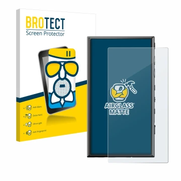 Vorderseite einer Produktverpackung mit dem Markenlogo BROTECT. Daneben ist das Gerät Sony Walkman NW-A306 mit dem zugehörigen