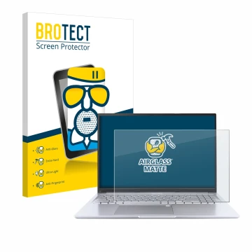 Vorderseite einer Produktverpackung mit dem Markenlogo BROTECT. Daneben ist das Gerät ASUS Vivobook 16 M1605 mit dem zugehörig