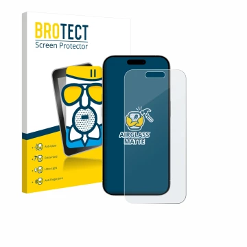 Vorderseite einer Produktverpackung mit dem Markenlogo BROTECT. Daneben ist das Gerät Apple iPhone 15 mit dem zugehörigen Disp