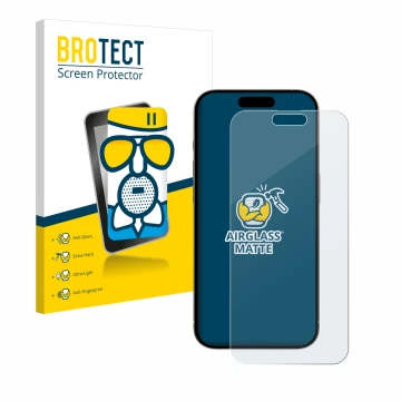 Vorderseite einer Produktverpackung mit dem Markenlogo BROTECT. Daneben ist das Gerät Apple iPhone 15 Plus mit dem zugehörigen