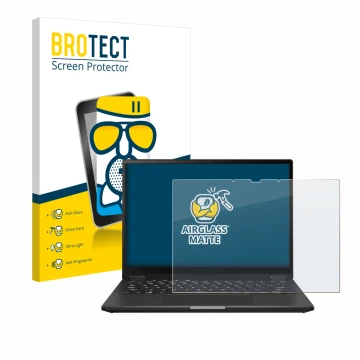 Vorderseite einer Produktverpackung mit dem Markenlogo BROTECT. Daneben ist das Gerät ASUS ROG Flow X13 2023 mit dem zugehörig