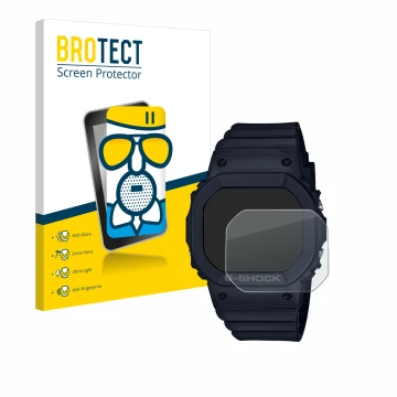 Vorderseite einer Produktverpackung mit dem Markenlogo BROTECT. Daneben ist das Gerät Casio G-Shock GMD-S5600 mit dem zugehöri