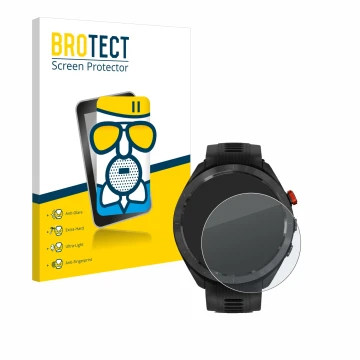 Vorderseite einer Produktverpackung mit dem Markenlogo BROTECT. Daneben ist das Gerät Garmin Approach S70 (47 mm) mit dem zuge