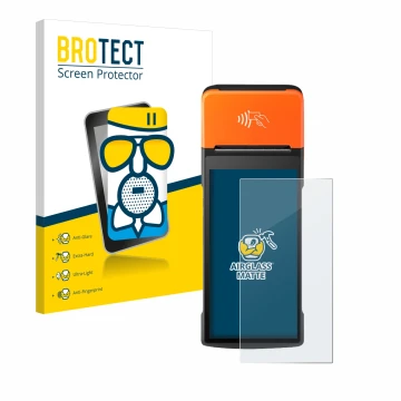 Vorderseite einer Produktverpackung mit dem Markenlogo BROTECT. Daneben ist das Gerät Sunmi V2 Pro mit dem zugehörigen Display