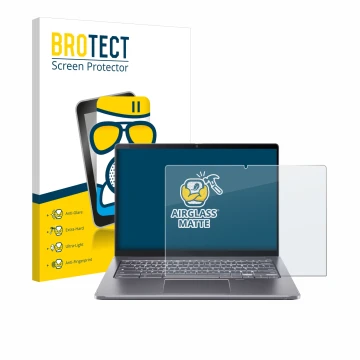 Vorderseite einer Produktverpackung mit dem Markenlogo BROTECT. Daneben ist das Gerät Acer Chromebook Spin 714 mit dem zugehör