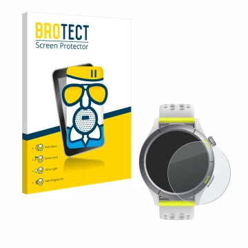 Vorderseite einer Produktverpackung mit dem Markenlogo BROTECT. Daneben ist das Gerät Huami Amazfit Cheetah mit dem zugehörige