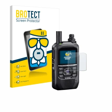 Vorderseite einer Produktverpackung mit dem Markenlogo BROTECT. Daneben ist das Gerät Icom ID-50E mit dem zugehörigen Displays