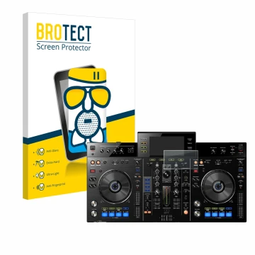 Vorderseite einer Produktverpackung mit dem Markenlogo BROTECT. Daneben ist das Gerät Pioneer XDJ-RX mit dem zugehörigen Displ