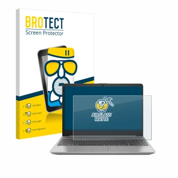 Vorderseite einer Produktverpackung mit dem Markenlogo BROTECT. Daneben ist das Gerät HP 250 G9 mit dem zugehörigen Displaysch