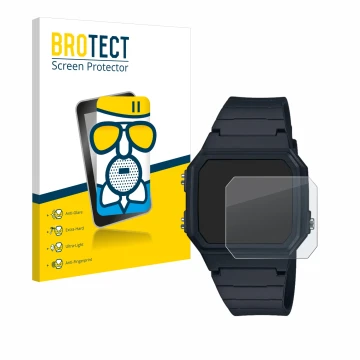 Vorderseite einer Produktverpackung mit dem Markenlogo BROTECT. Daneben ist das Gerät Casio W-217H-1AVCF mit dem zugehörigen D