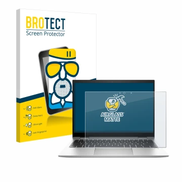 Vorderseite einer Produktverpackung mit dem Markenlogo BROTECT. Daneben ist das Gerät HP EliteBook x360 830 G10 mit dem zugehö