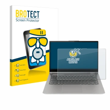 Vorderseite einer Produktverpackung mit dem Markenlogo BROTECT. Daneben ist das Gerät Lenovo ThinkBook 14s Yoga G3 mit dem zug