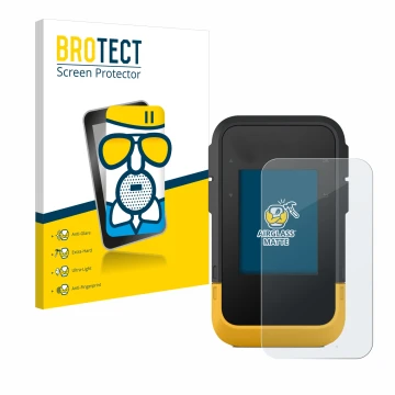Vorderseite einer Produktverpackung mit dem Markenlogo BROTECT. Daneben ist das Gerät Garmin eTrex SE mit dem zugehörigen Disp