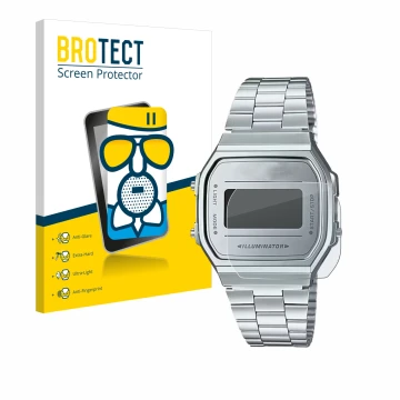 Vorderseite einer Produktverpackung mit dem Markenlogo BROTECT. Daneben ist das Gerät Casio A168WEM-7EF mit dem zugehörigen Di