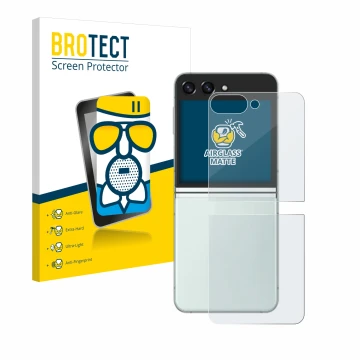 Vorderseite einer Produktverpackung mit dem Markenlogo BROTECT. Daneben ist das Gerät Samsung Galaxy Z Flip 5 (Rückseite) mit 