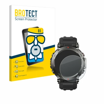 Vorderseite einer Produktverpackung mit dem Markenlogo BROTECT. Daneben ist das Gerät Huami Amazfit T-Rex Ultra mit dem zugehö
