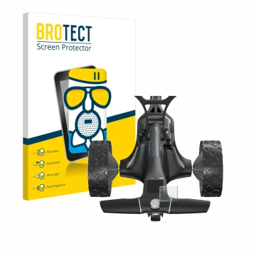 Vorderseite einer Produktverpackung mit dem Markenlogo BROTECT. Daneben ist das Gerät Motocaddy M7 GPS Electric Trolley mit de