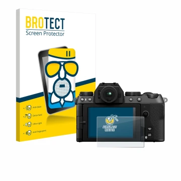 Vorderseite einer Produktverpackung mit dem Markenlogo BROTECT. Daneben ist das Gerät Fujifilm X-S20 mit dem zugehörigen Displ