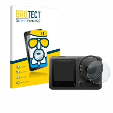Vorderseite einer Produktverpackung mit dem Markenlogo BROTECT. Daneben ist das Gerät DJI Osmo Action 4 (Linse) mit dem zugehö