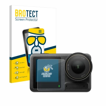 Vorderseite einer Produktverpackung mit dem Markenlogo BROTECT. Daneben ist das Gerät DJI Osmo Action 4 (Vorderes Display) mit