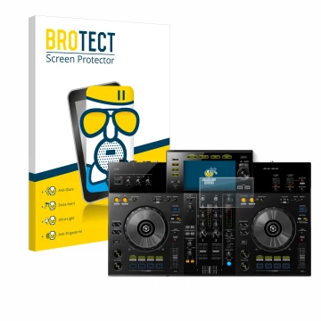 Vorderseite einer Produktverpackung mit dem Markenlogo BROTECT. Daneben ist das Gerät Pioneer XDJ -RR mit dem zugehörigen Disp