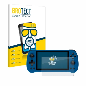 Vorderseite einer Produktverpackung mit dem Markenlogo BROTECT. Daneben ist das Gerät Powkiddy X55 mit dem zugehörigen Display