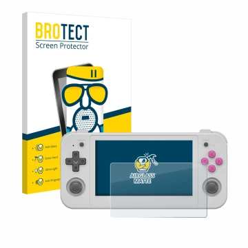 Vorderseite einer Produktverpackung mit dem Markenlogo BROTECT. Daneben ist das Gerät Anbernic RG505 mit dem zugehörigen Displ