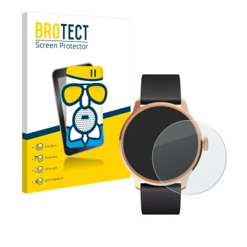 Vorderseite einer Produktverpackung mit dem Markenlogo BROTECT. Daneben ist das Gerät Withings ScanWatch Light mit dem zugehör