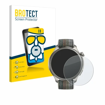 Vorderseite einer Produktverpackung mit dem Markenlogo BROTECT. Daneben ist das Gerät Huami Amazfit Balance mit dem zugehörige