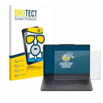 Vorderseite einer Produktverpackung mit dem Markenlogo BROTECT. Daneben ist das Gerät Lenovo ThinkPad E14 Gen 5 mit dem zugehö