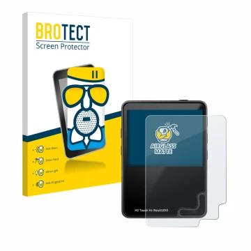 Vorderseite einer Produktverpackung mit dem Markenlogo BROTECT. Daneben ist das Gerät HifiWalker H2 touch mit dem zugehörigen 