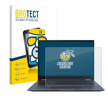 Vorderseite einer Produktverpackung mit dem Markenlogo BROTECT. Daneben ist das Gerät ASUS Vivobook S 14 Flip TP3402 mit dem z