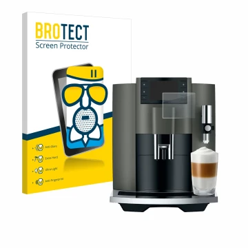 Vorderseite einer Produktverpackung mit dem Markenlogo BROTECT. Daneben ist das Gerät Jura E8 (EC) mit dem zugehörigen Display